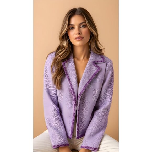 Womens Lavender Tweed Bouclé Blazer Jacket Purple Trim Chanel Style Winter Chic - Picture 1 of 12